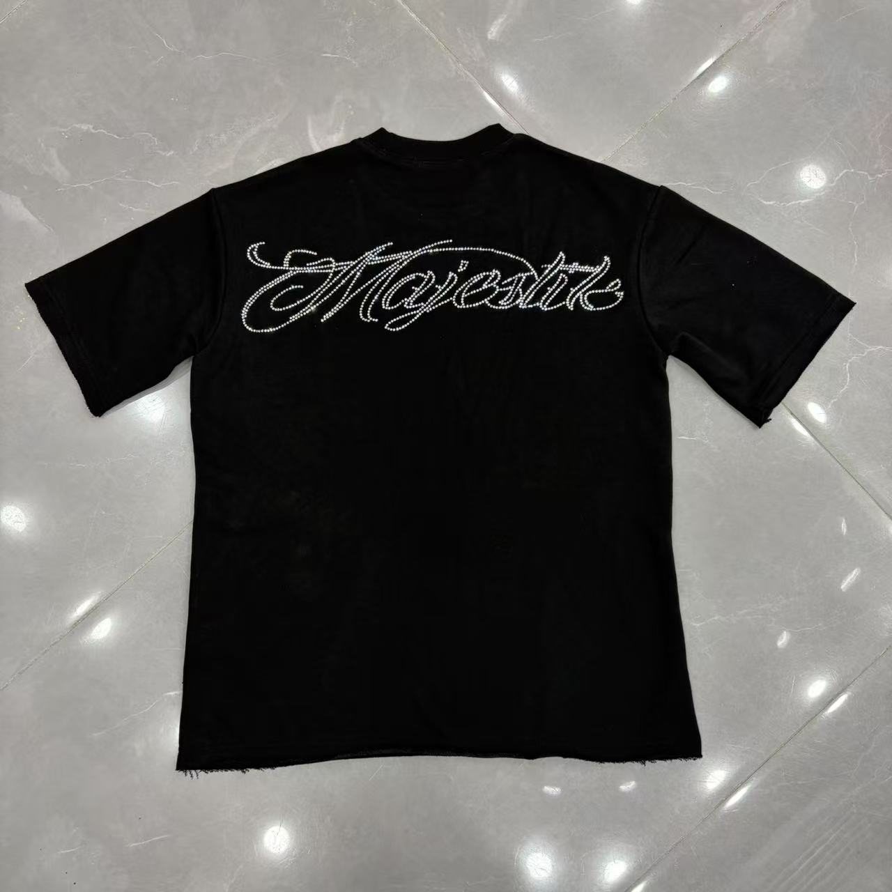 MAJESTIK Rhinestone-Style Script Graphic T-Shirt — front